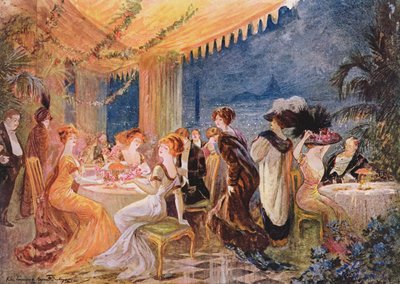 Eine Soiree in einem Pariser Restaurant, Werbung für The Furrier Revillon in Le Figaro Illustre, 1910 von Felix Fournery